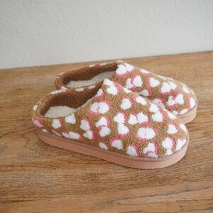 Aerie  Size 10 Sherpa Mule Slippers Leopard Heart Print Tan Pink Loungewear Cozy